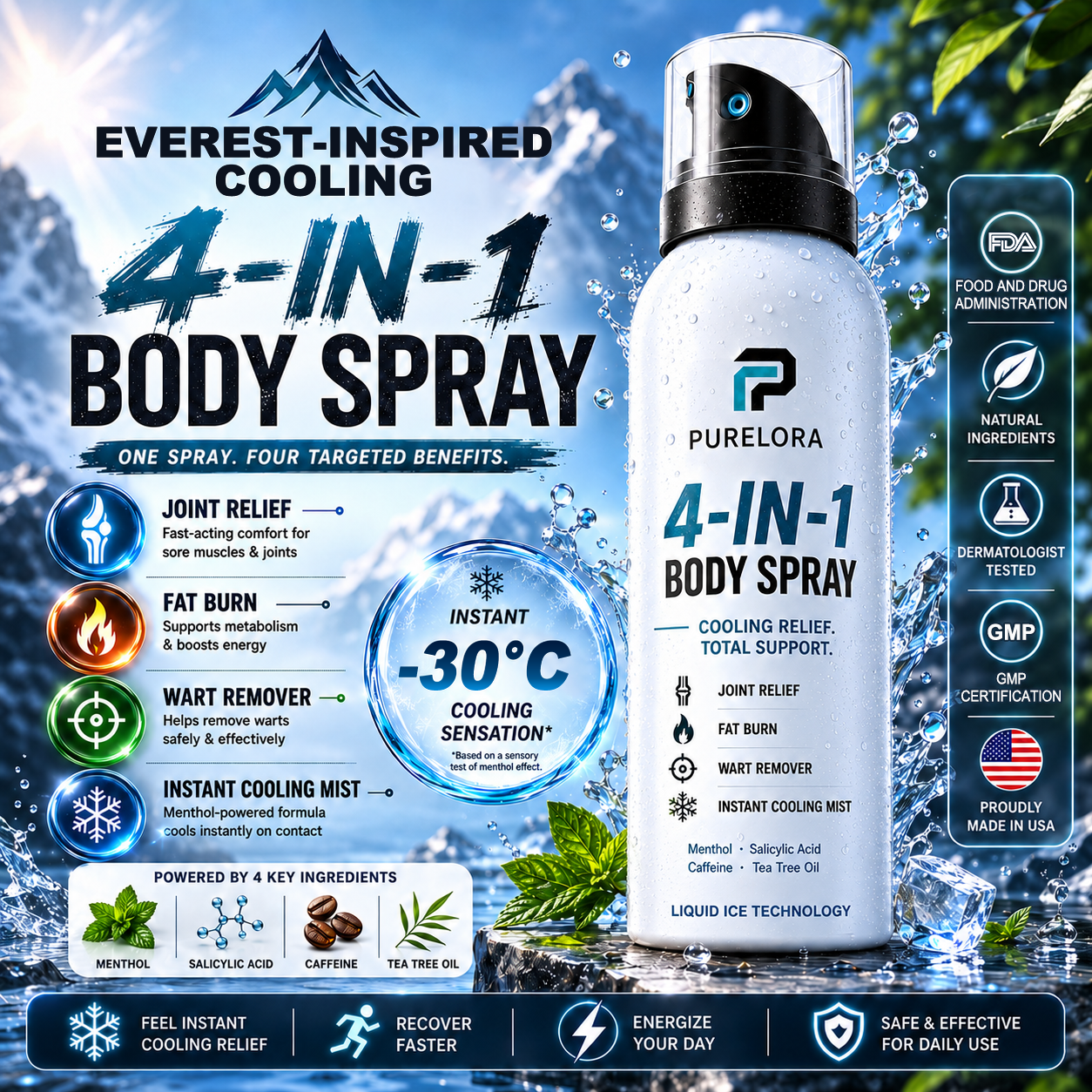 🔥 【Official Store】PURELORA® 4-in-1 Body Spray — Joint Relief · Fat Burn · Wart Remover · Instant Cooling Mist | Menthol + Salicylic Acid + Caffeine + Tea Tree | FSA/HSA Eligible