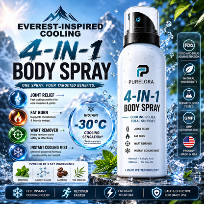🔥 【Official Store】PURELORA® 4-in-1 Body Spray — Joint Relief · Fat Burn · Wart Remover · Instant Cooling Mist | Menthol + Salicylic Acid + Caffeine + Tea Tree | FSA/HSA Eligible